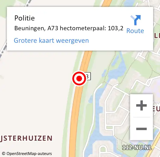 Locatie op kaart van de 112 melding: Politie Beuningen, A73 hectometerpaal: 103,2 op 1 februari 2022 14:49