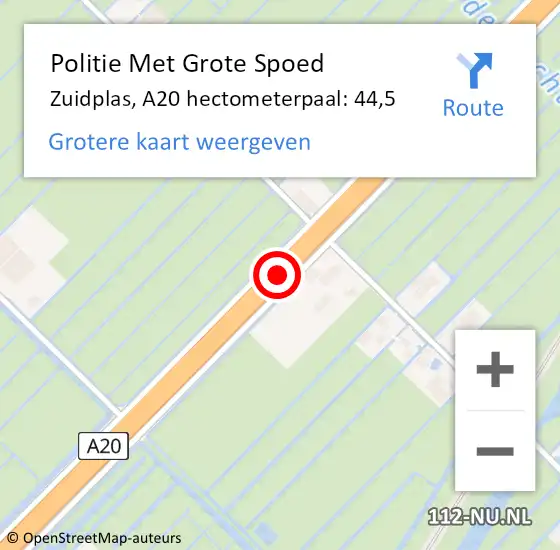 Locatie op kaart van de 112 melding: Politie Met Grote Spoed Naar Zuidplas, A20 hectometerpaal: 44,5 op 1 februari 2022 15:28