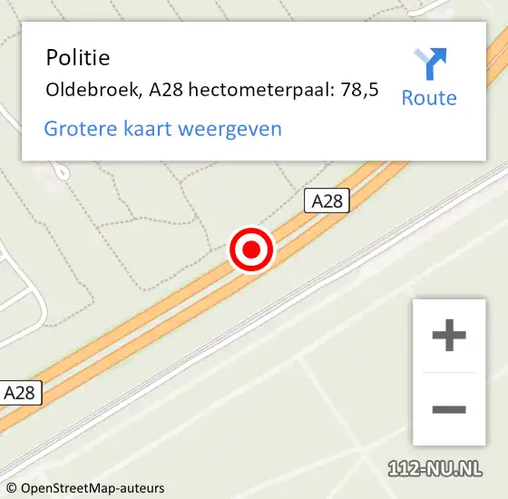 Locatie op kaart van de 112 melding: Politie Oldebroek, A28 hectometerpaal: 78,5 op 1 februari 2022 15:52