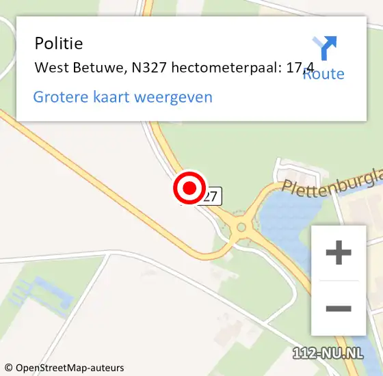 Locatie op kaart van de 112 melding: Politie West Betuwe, N327 hectometerpaal: 17,4 op 1 februari 2022 16:09