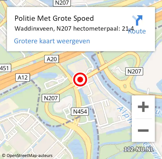 Locatie op kaart van de 112 melding: Politie Met Grote Spoed Naar Waddinxveen, N207 hectometerpaal: 21,4 op 1 februari 2022 16:59