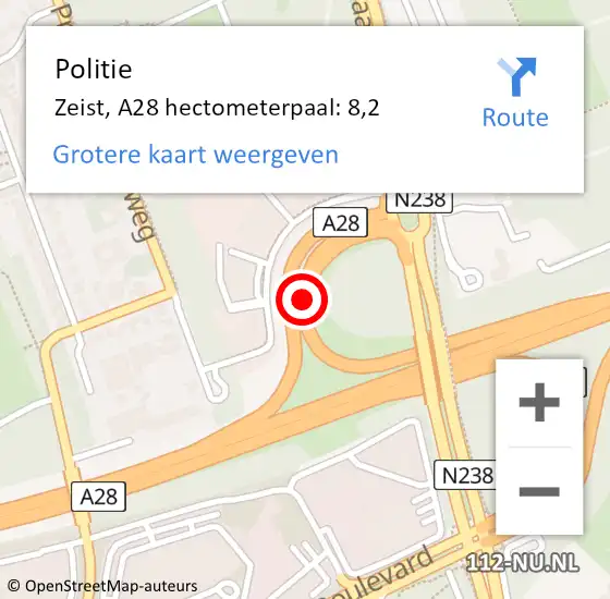 Locatie op kaart van de 112 melding: Politie Zeist, A28 hectometerpaal: 8,2 op 1 februari 2022 18:30