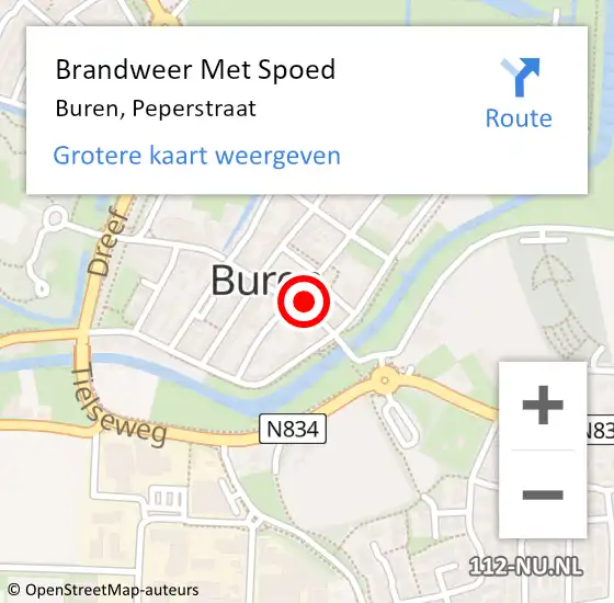 Locatie op kaart van de 112 melding: Brandweer Met Spoed Naar Buren, Peperstraat op 1 februari 2022 18:55