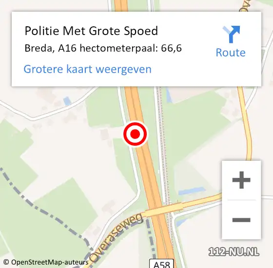 Locatie op kaart van de 112 melding: Politie Met Grote Spoed Naar Breda, A16 hectometerpaal: 66,6 op 1 februari 2022 19:15