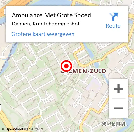 Locatie op kaart van de 112 melding: Ambulance Met Grote Spoed Naar Diemen, Krenteboompjeshof op 1 februari 2022 20:39