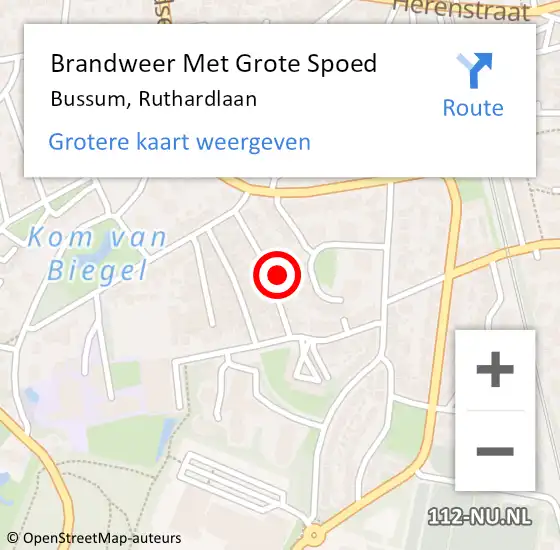 Locatie op kaart van de 112 melding: Brandweer Met Grote Spoed Naar Bussum, Ruthardlaan op 1 februari 2022 21:05
