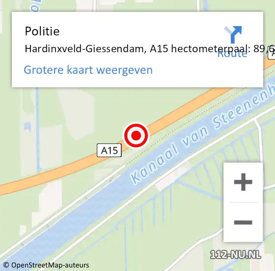 Locatie op kaart van de 112 melding: Politie Hardinxveld-Giessendam, A15 hectometerpaal: 89,6 op 2 februari 2022 06:50