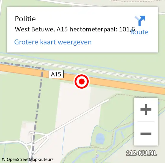 Locatie op kaart van de 112 melding: Politie West Betuwe, A15 hectometerpaal: 101,6 op 2 februari 2022 07:13