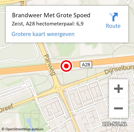 Locatie op kaart van de 112 melding: Brandweer Met Grote Spoed Naar Zeist, A28 hectometerpaal: 6,9 op 2 februari 2022 07:46