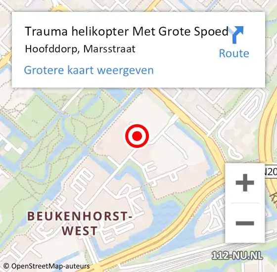 Locatie op kaart van de 112 melding: Trauma helikopter Met Grote Spoed Naar Hoofddorp, Marsstraat op 2 februari 2022 08:37