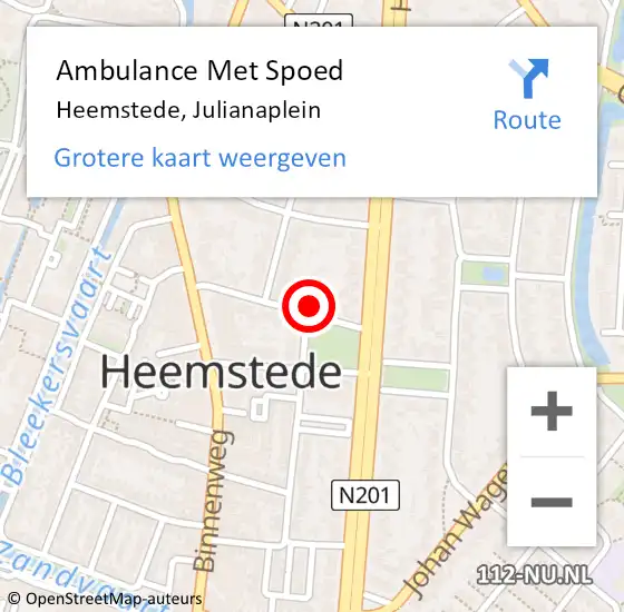 Locatie op kaart van de 112 melding: Ambulance Met Spoed Naar Heemstede, Julianaplein op 2 februari 2022 10:05