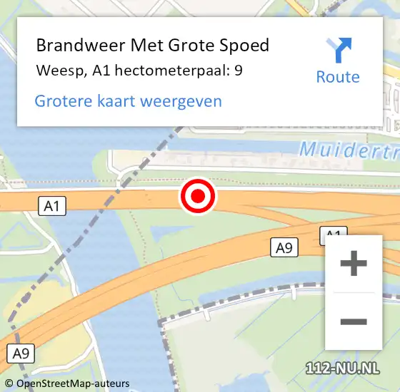 Locatie op kaart van de 112 melding: Brandweer Met Grote Spoed Naar Amsterdam, A1 hectometerpaal: 9 op 2 februari 2022 11:11