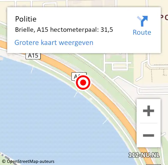 Locatie op kaart van de 112 melding: Politie Brielle, A15 hectometerpaal: 31,5 op 2 februari 2022 15:01