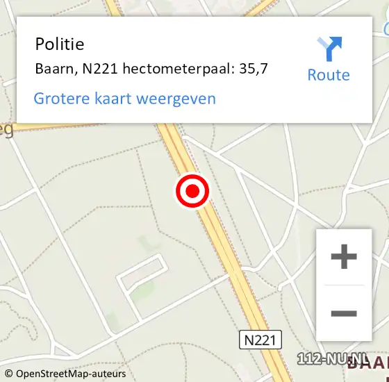 Locatie op kaart van de 112 melding: Politie Baarn, N221 hectometerpaal: 35,7 op 2 februari 2022 15:10