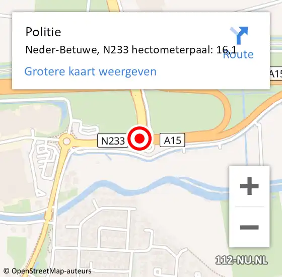 Locatie op kaart van de 112 melding: Politie Neder-Betuwe, N233 hectometerpaal: 16,1 op 2 februari 2022 15:23