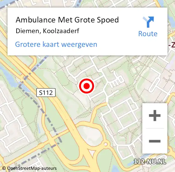 Locatie op kaart van de 112 melding: Ambulance Met Grote Spoed Naar Diemen, Koolzaaderf op 2 februari 2022 17:16