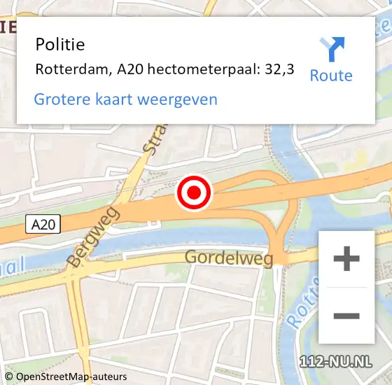 Locatie op kaart van de 112 melding: Politie Rotterdam, A20 hectometerpaal: 32,3 op 2 februari 2022 22:26