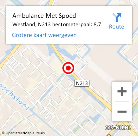 Locatie op kaart van de 112 melding: Ambulance Met Spoed Naar Westland, N213 hectometerpaal: 8,7 op 3 februari 2022 03:13