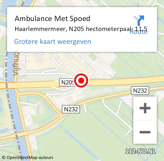 Locatie op kaart van de 112 melding: Ambulance Met Spoed Naar Haarlemmermeer, N205 hectometerpaal: 11,5 op 3 februari 2022 07:05