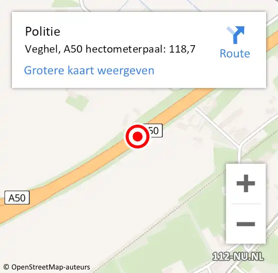 Locatie op kaart van de 112 melding: Politie Veghel, A50 hectometerpaal: 118,7 op 3 februari 2022 07:41