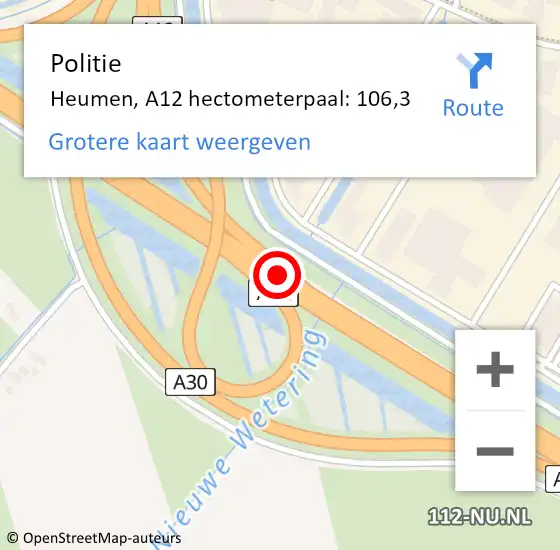 Locatie op kaart van de 112 melding: Politie Heumen, A12 hectometerpaal: 106,3 op 3 februari 2022 07:50