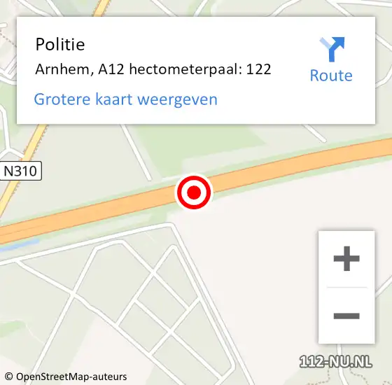 Locatie op kaart van de 112 melding: Politie Arnhem, A12 hectometerpaal: 122 op 3 februari 2022 07:54