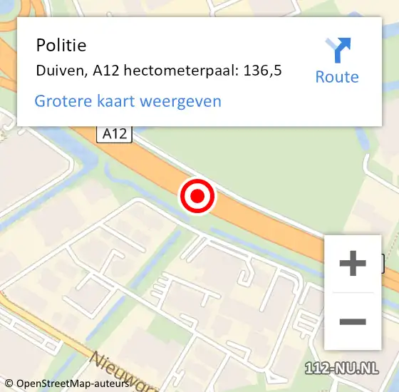 Locatie op kaart van de 112 melding: Politie Duiven, A12 hectometerpaal: 136,5 op 3 februari 2022 08:21