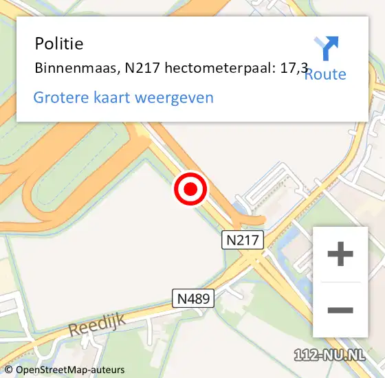 Locatie op kaart van de 112 melding: Politie Binnenmaas, N217 hectometerpaal: 17,3 op 3 februari 2022 08:41