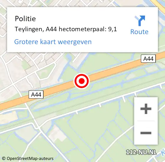 Locatie op kaart van de 112 melding: Politie Teylingen, A44 hectometerpaal: 9,1 op 3 februari 2022 10:15