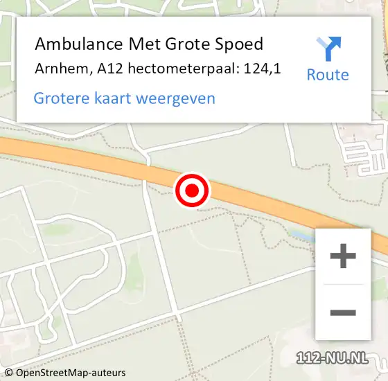 Locatie op kaart van de 112 melding: Ambulance Met Grote Spoed Naar Arnhem, A12 hectometerpaal: 124,1 op 3 februari 2022 10:36