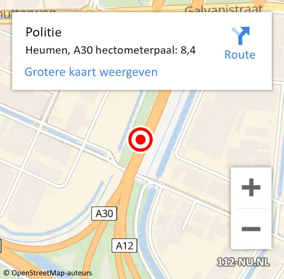 Locatie op kaart van de 112 melding: Politie Heumen, A30 hectometerpaal: 8,4 op 3 februari 2022 11:33