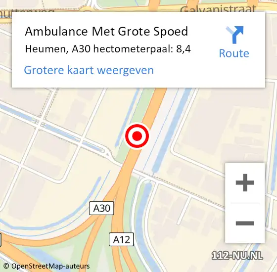 Locatie op kaart van de 112 melding: Ambulance Met Grote Spoed Naar Heumen, A30 hectometerpaal: 8,4 op 3 februari 2022 11:34