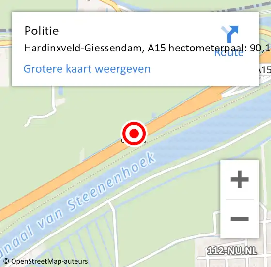 Locatie op kaart van de 112 melding: Politie Hardinxveld-Giessendam, A15 hectometerpaal: 90,1 op 3 februari 2022 11:35