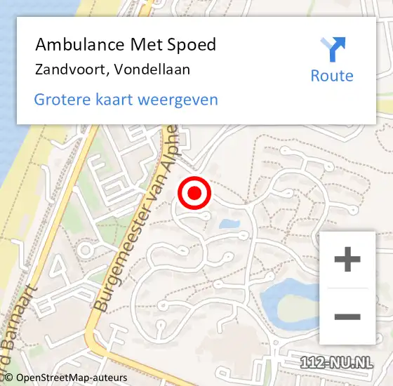 Locatie op kaart van de 112 melding: Ambulance Met Spoed Naar Zandvoort, Vondellaan op 3 februari 2022 12:52