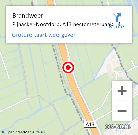 Locatie op kaart van de 112 melding: Brandweer Pijnacker-Nootdorp, A13 hectometerpaal: 14 op 3 februari 2022 13:04
