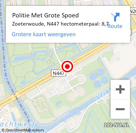 Locatie op kaart van de 112 melding: Politie Met Grote Spoed Naar Zoeterwoude, N447 hectometerpaal: 8,7 op 3 februari 2022 16:32