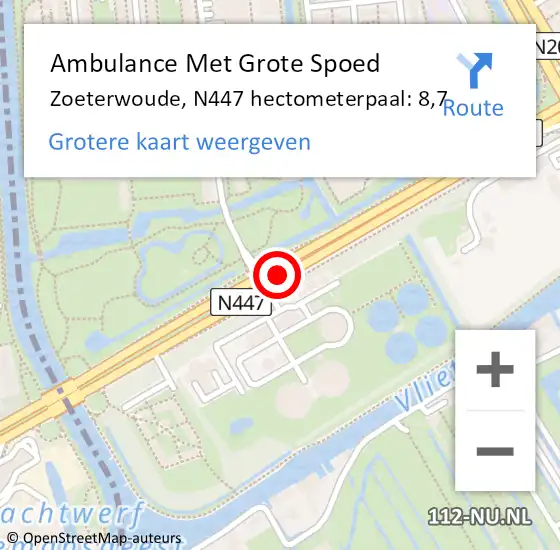 Locatie op kaart van de 112 melding: Ambulance Met Grote Spoed Naar Zoeterwoude, N447 hectometerpaal: 8,7 op 3 februari 2022 16:37