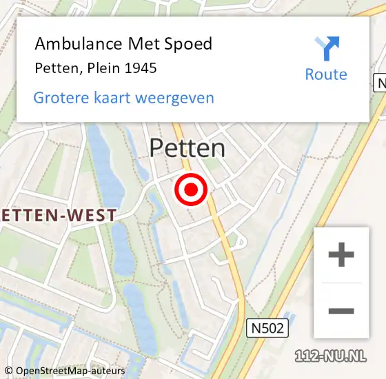 Locatie op kaart van de 112 melding: Ambulance Met Spoed Naar Petten, Plein 1945 op 3 februari 2022 17:05