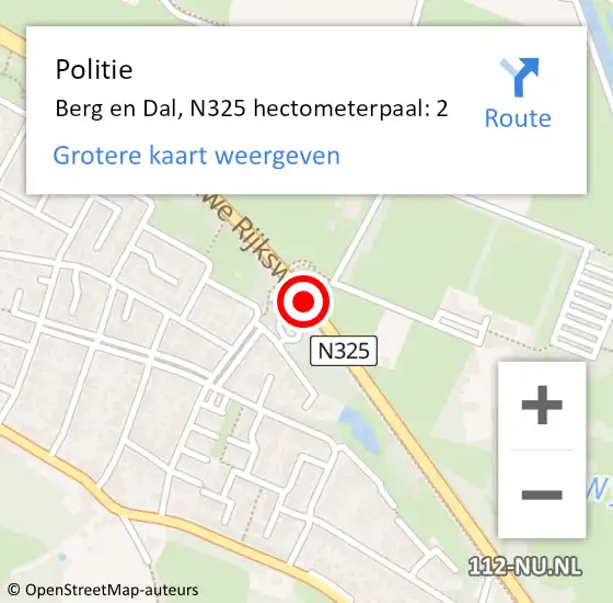 Locatie op kaart van de 112 melding: Politie Berg en Dal, N325 hectometerpaal: 2 op 3 februari 2022 17:23