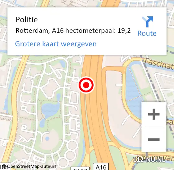 Locatie op kaart van de 112 melding: Politie Rotterdam, A16 hectometerpaal: 19,2 op 3 februari 2022 17:28