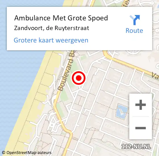 Locatie op kaart van de 112 melding: Ambulance Met Grote Spoed Naar Zandvoort, de Ruyterstraat op 3 februari 2022 18:18