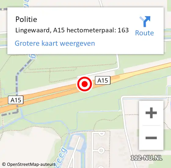 Locatie op kaart van de 112 melding: Politie Lingewaard, A15 hectometerpaal: 163 op 3 februari 2022 18:41