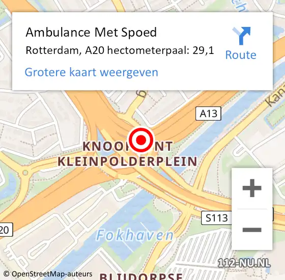 Locatie op kaart van de 112 melding: Ambulance Met Spoed Naar Rotterdam, A20 hectometerpaal: 29,1 op 3 februari 2022 18:42