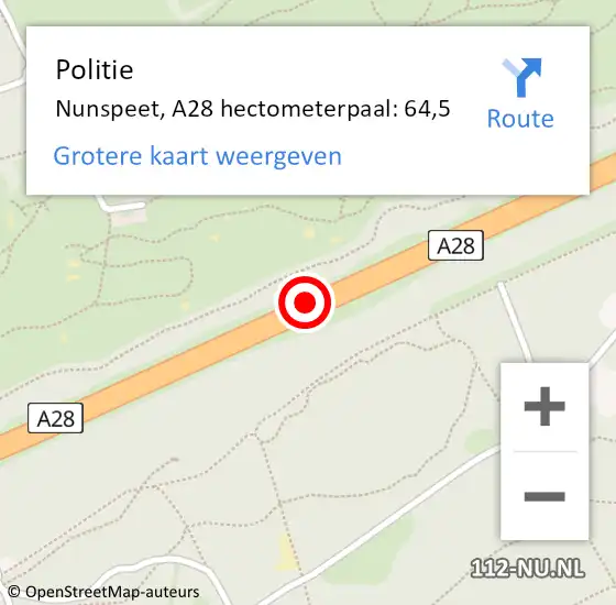 Locatie op kaart van de 112 melding: Politie Nunspeet, A28 hectometerpaal: 64,5 op 3 februari 2022 19:23