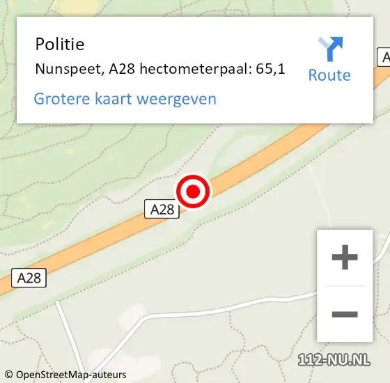 Locatie op kaart van de 112 melding: Politie Nunspeet, A28 hectometerpaal: 65,1 op 3 februari 2022 19:23