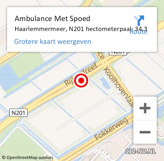 Locatie op kaart van de 112 melding: Ambulance Met Spoed Naar Haarlemmermeer, N201 hectometerpaal: 34,3 op 3 februari 2022 19:44