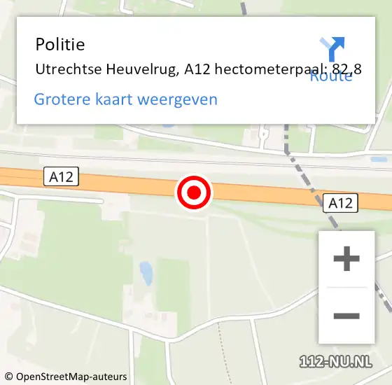 Locatie op kaart van de 112 melding: Politie Utrechtse Heuvelrug, A12 hectometerpaal: 82,8 op 3 februari 2022 22:52