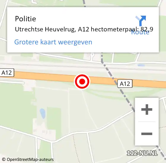 Locatie op kaart van de 112 melding: Politie Utrechtse Heuvelrug, A12 hectometerpaal: 82,9 op 3 februari 2022 22:53