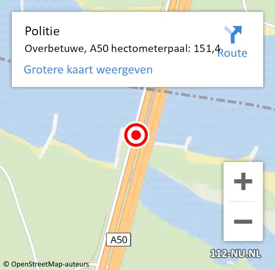 Locatie op kaart van de 112 melding: Politie Overbetuwe, A50 hectometerpaal: 151,4 op 4 februari 2022 09:16