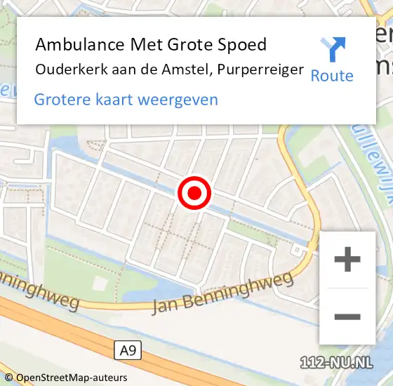 Locatie op kaart van de 112 melding: Ambulance Met Grote Spoed Naar Ouderkerk aan de Amstel, Purperreiger op 4 februari 2022 09:17